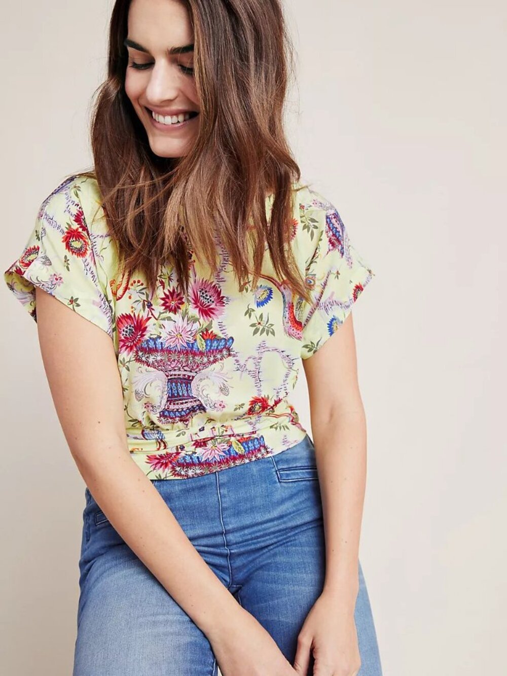 Anthropologie Yellow Floral Urn-Print Short Sleeve Tee